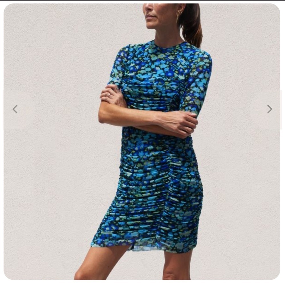 Ganni Floral Printed Mesh Ruched Bodycon Midi Dress Spring Wedding Boho Girly